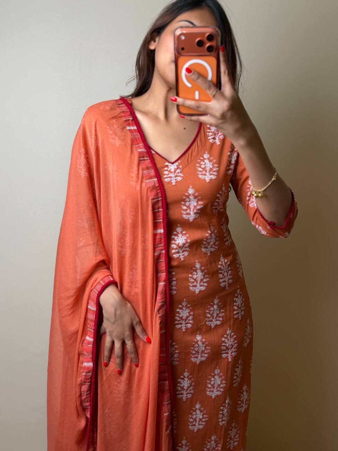 Orange Straight Cut 3pc kurti Suit