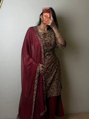 Maroon Straight Cut 3pc kurti Suit