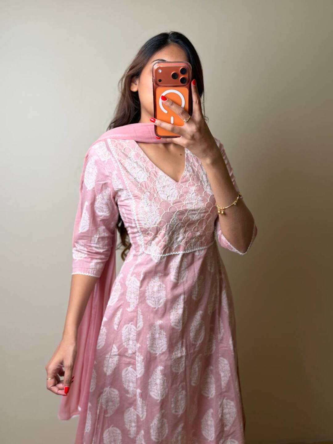 Baby Pink Soft Cotton Anarkali 3pcs Suit