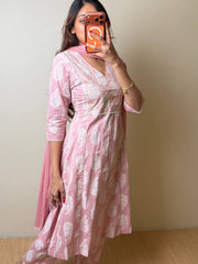 Baby Pink Soft Cotton Anarkali 3pcs Suit