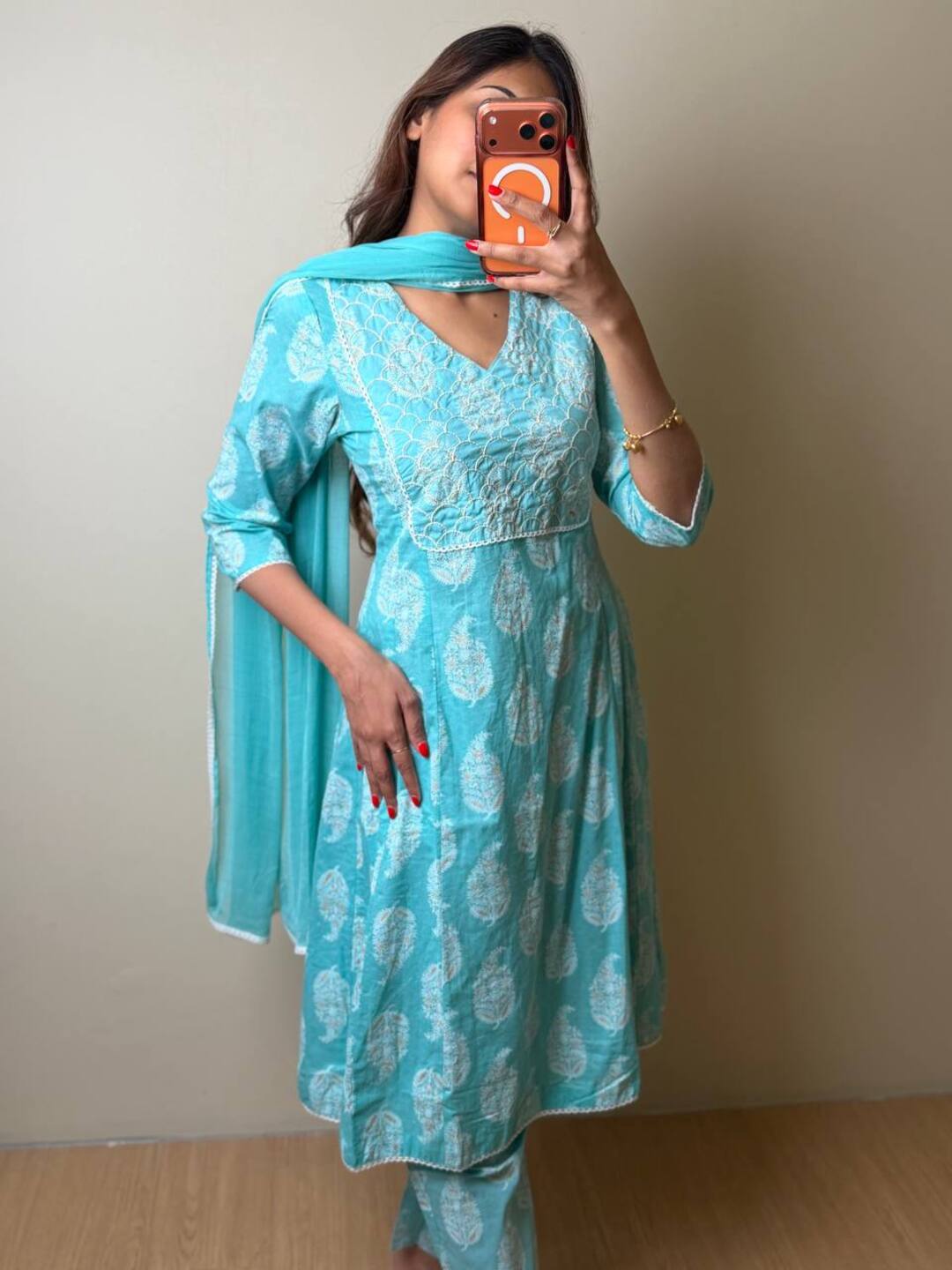 Blue Light Soft Cotton Anarkali 3pcs Suit