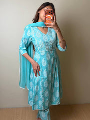 Blue Light Soft Cotton Anarkali 3pcs Suit