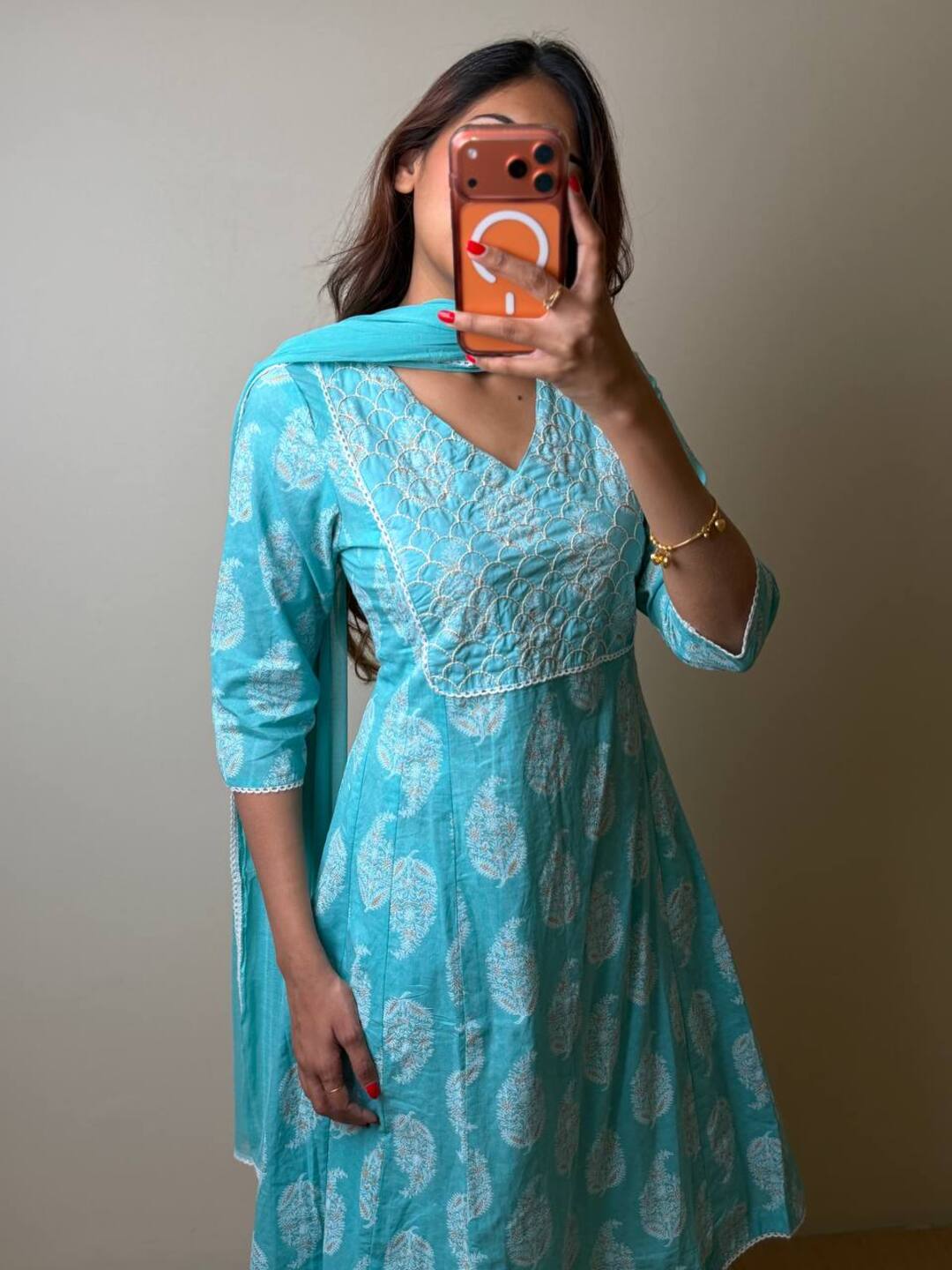 Blue Light Soft Cotton Anarkali 3pcs Suit