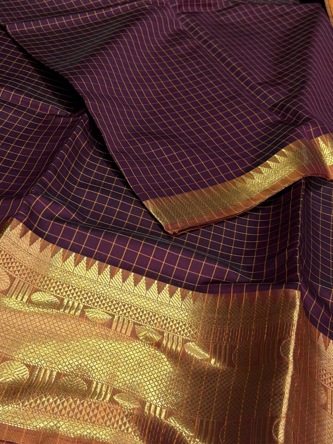 Plum Purple Checked Cotton Silk Saree