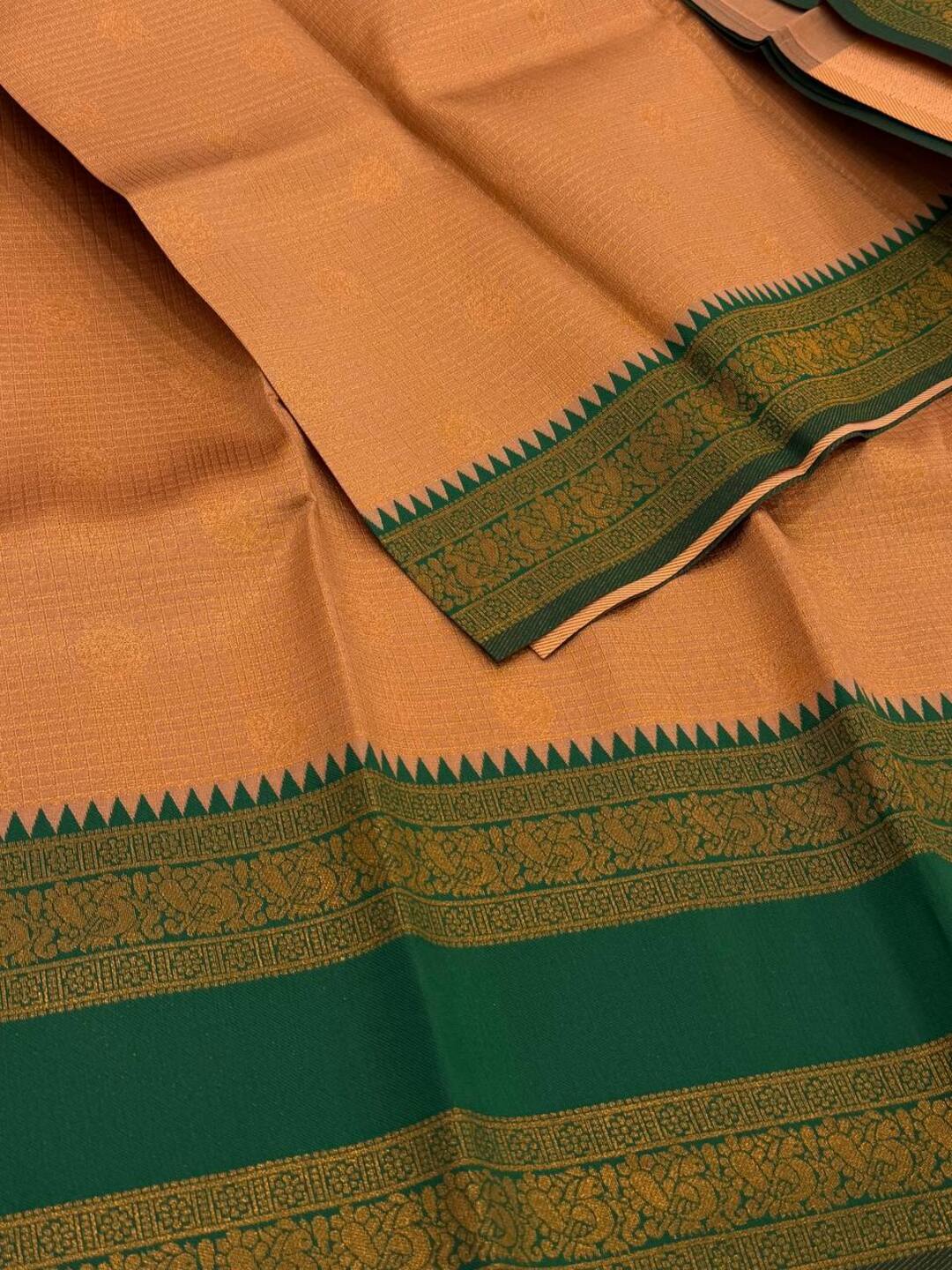 Peach Checked Cotton Silk Saree