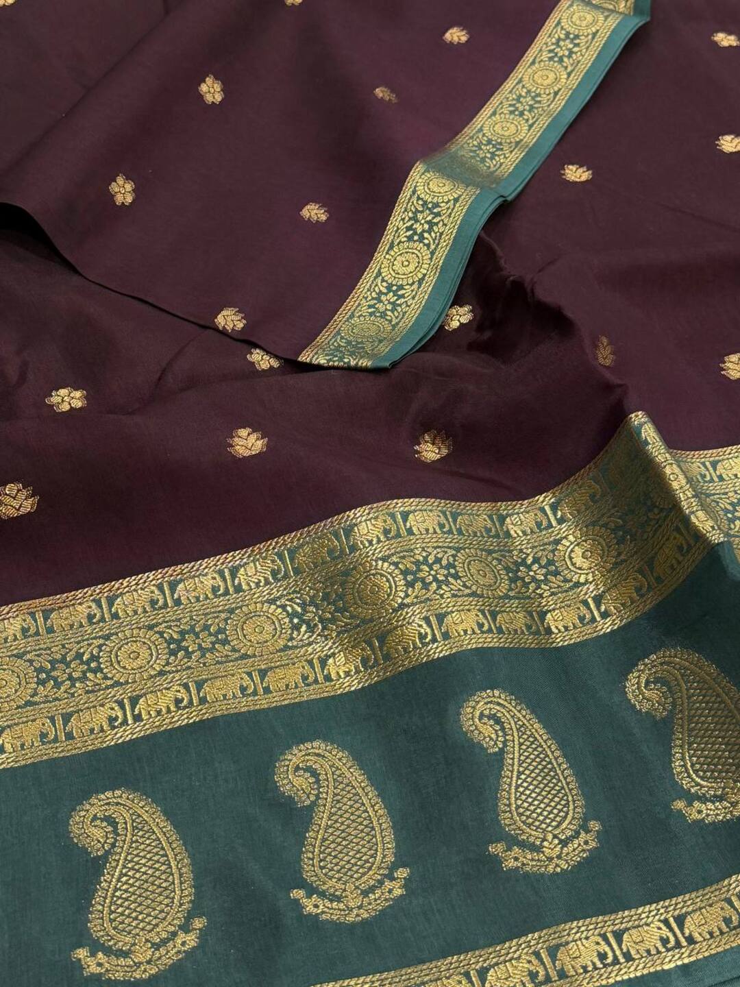Wine Purple With Teal Green Banaras Cotton Saree