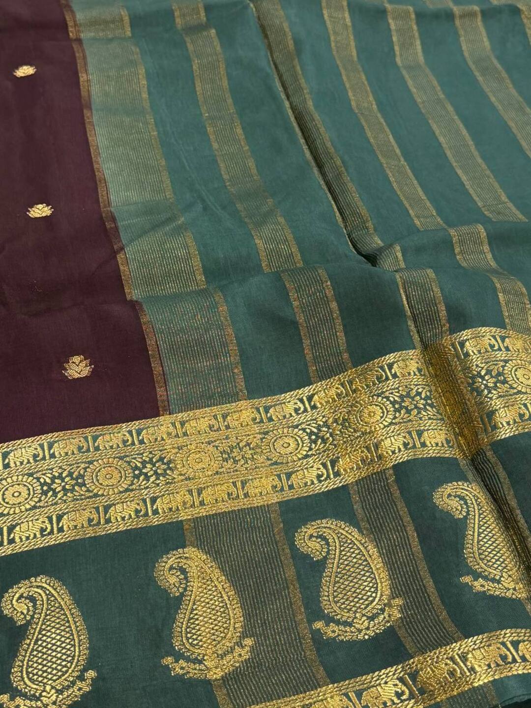 Wine Purple With Teal Green Banaras Cotton Saree
