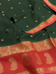 Emerald Green With Coral Pink Banaras Cotton Saree