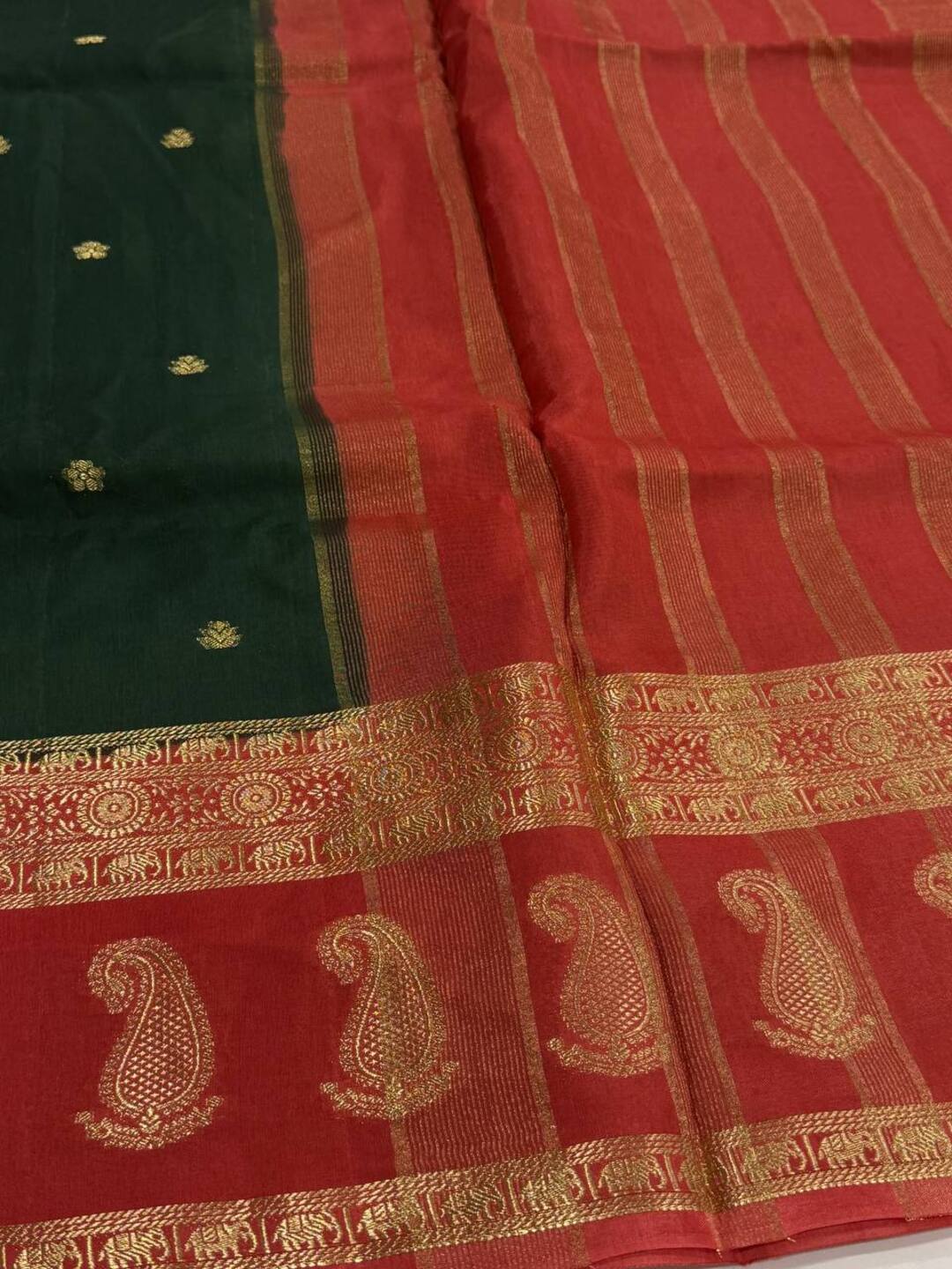 Emerald Green With Coral Pink Banaras Cotton Saree