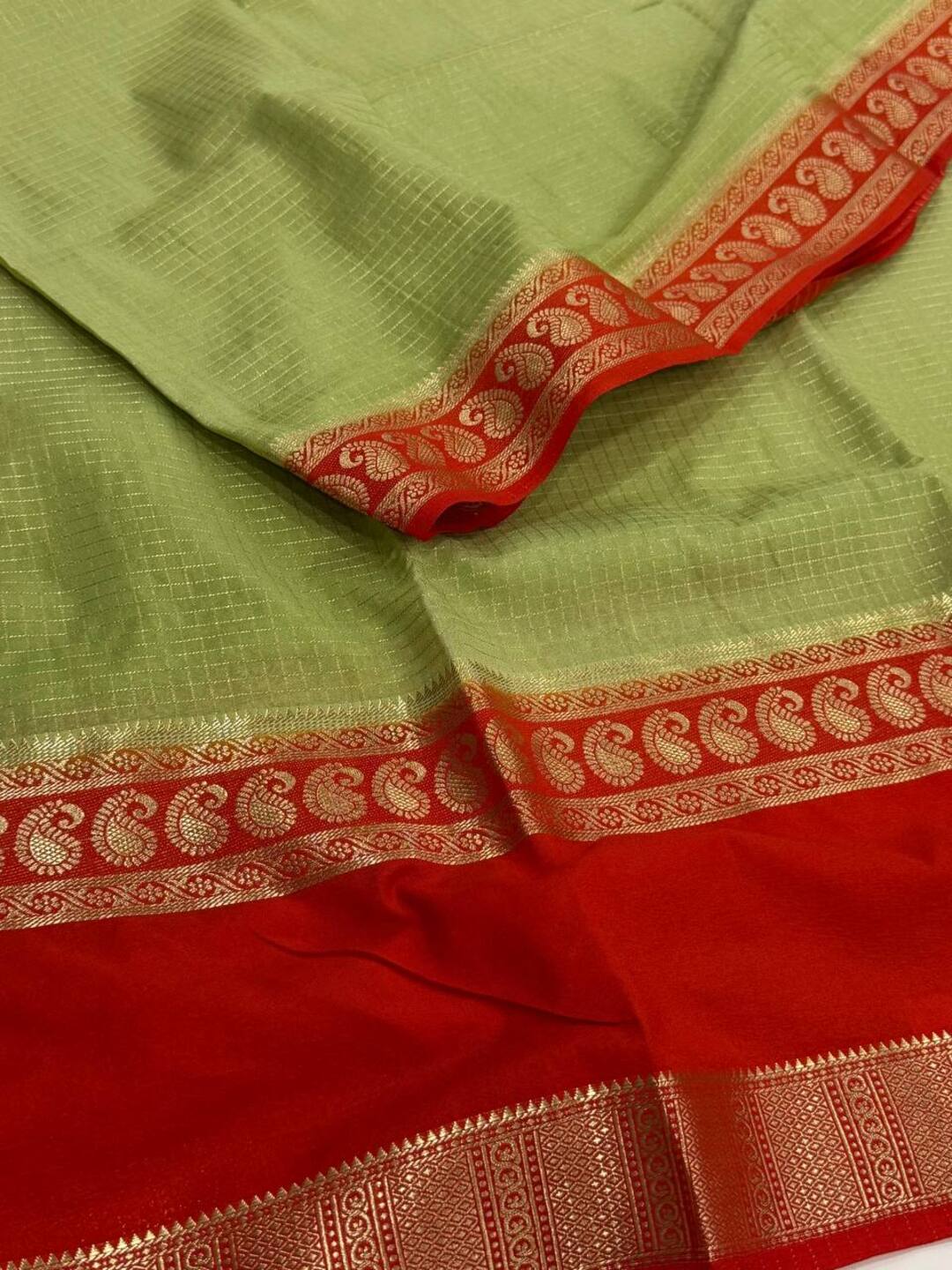 Mint Green Checked Chiffon Silk Saree