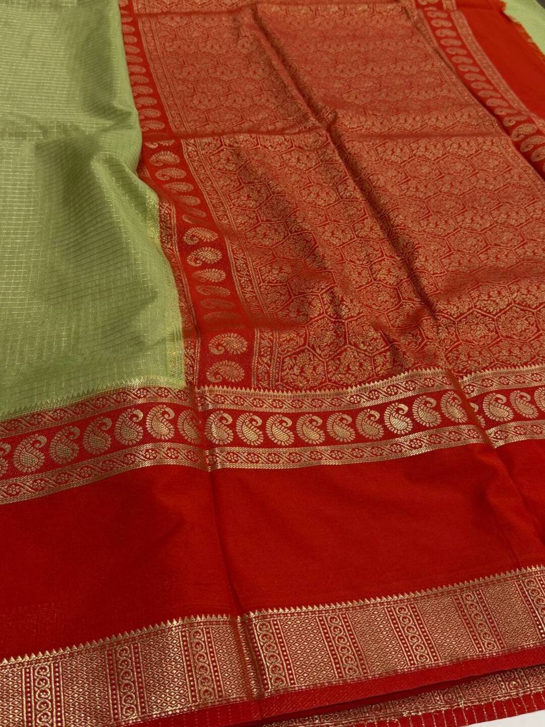 Mint Green Checked Chiffon Silk Saree