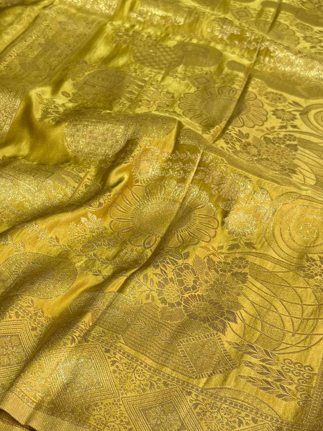 Olive Yellow Banaras Satin Silk Saree
