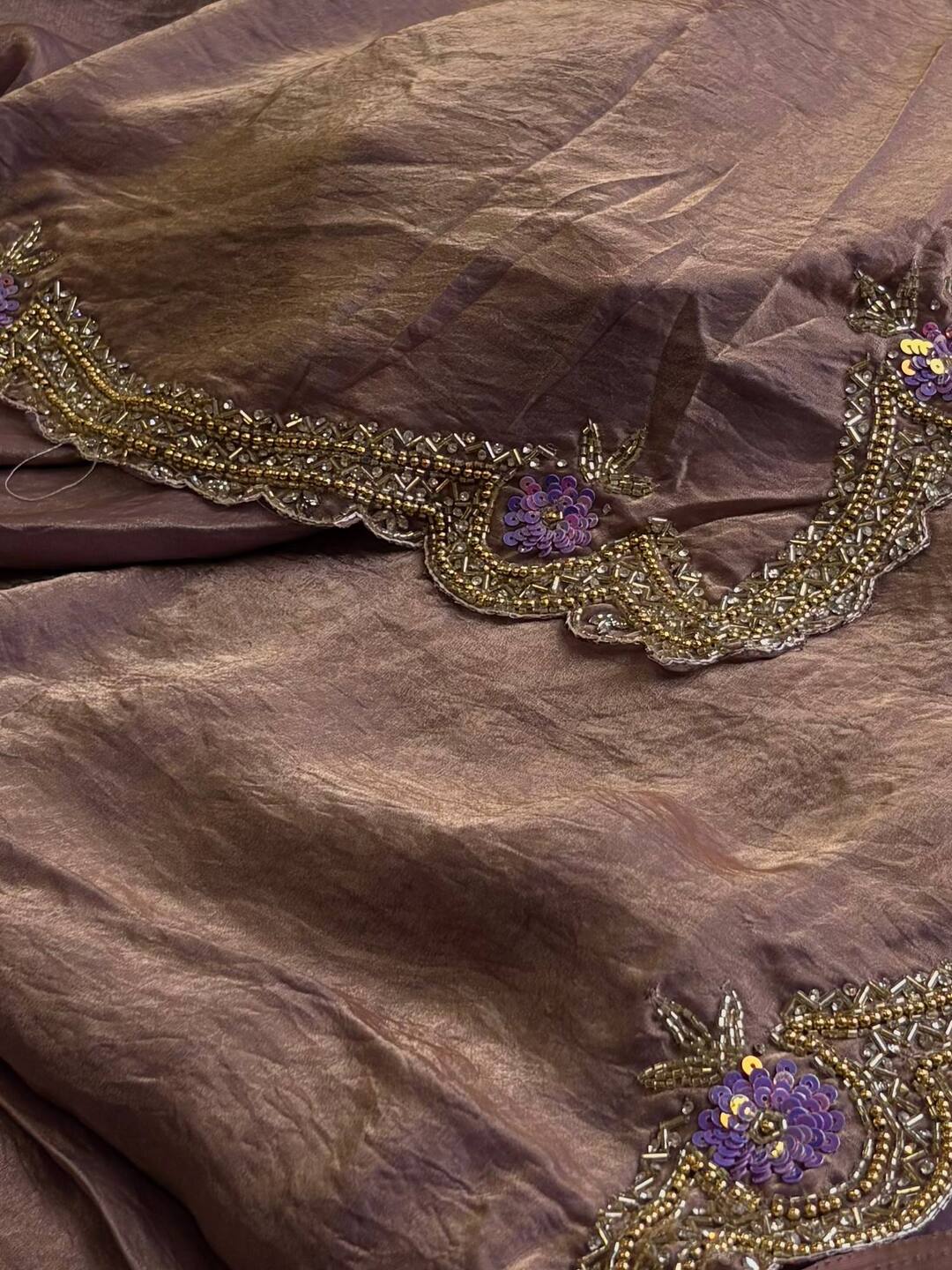 Golden Dusty Purple Georgette Silk Saree