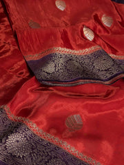 Cherry Red Banaras Chiffon Silk Saree