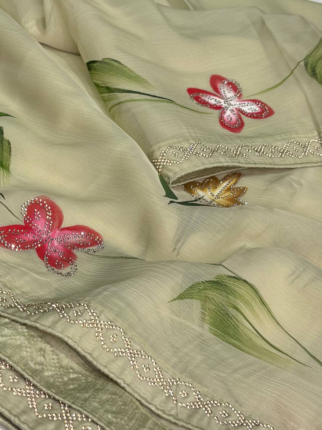 Mint Green Floral Georgette Saree
