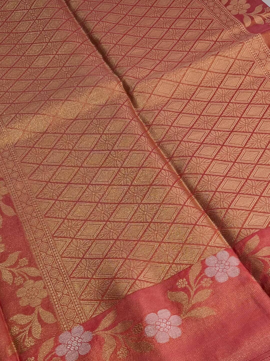 Coral Pink Banaras Cotton Silk Saree
