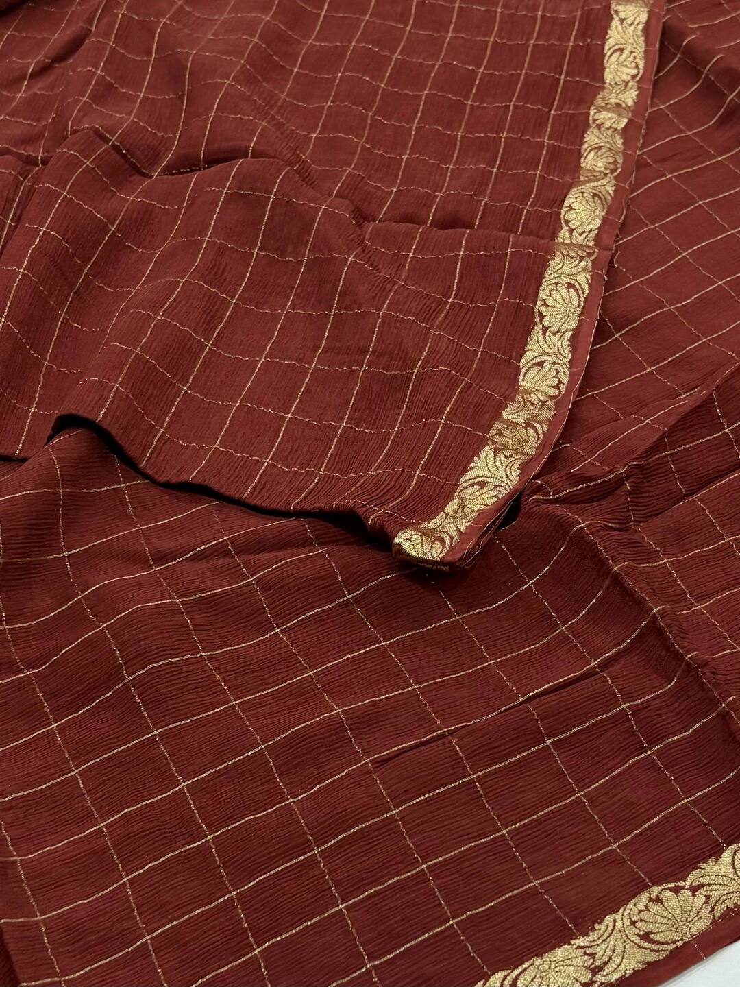Chocolate Brown Checked Chiffon Saree