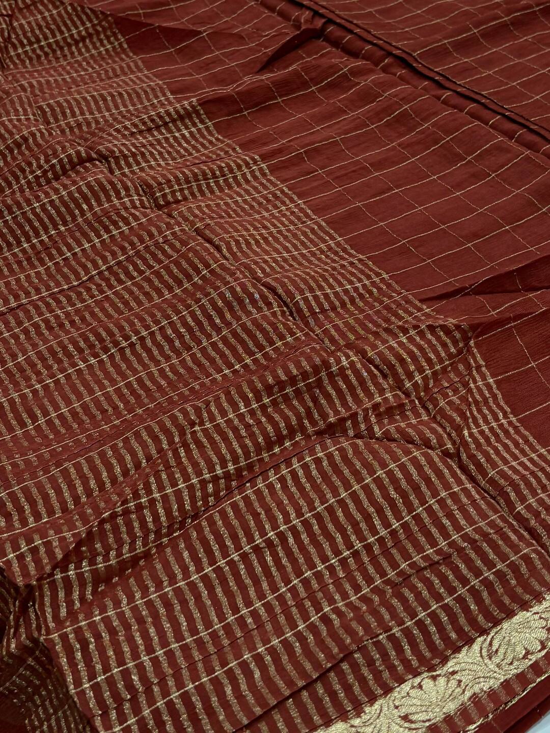 Chocolate Brown Checked Chiffon Saree