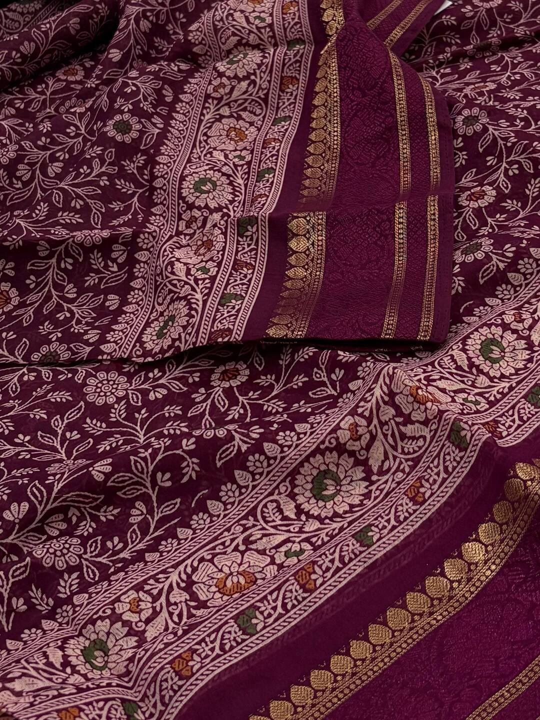 Plum Purple Printed Floral Chiffon Saree
