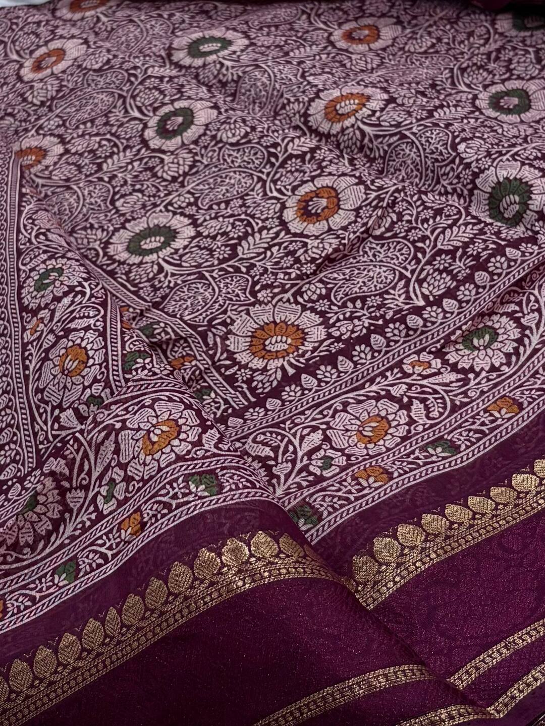 Plum Purple Printed Floral Chiffon Saree