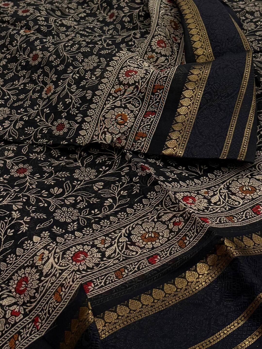 Black Printed Floral Chiffon Saree