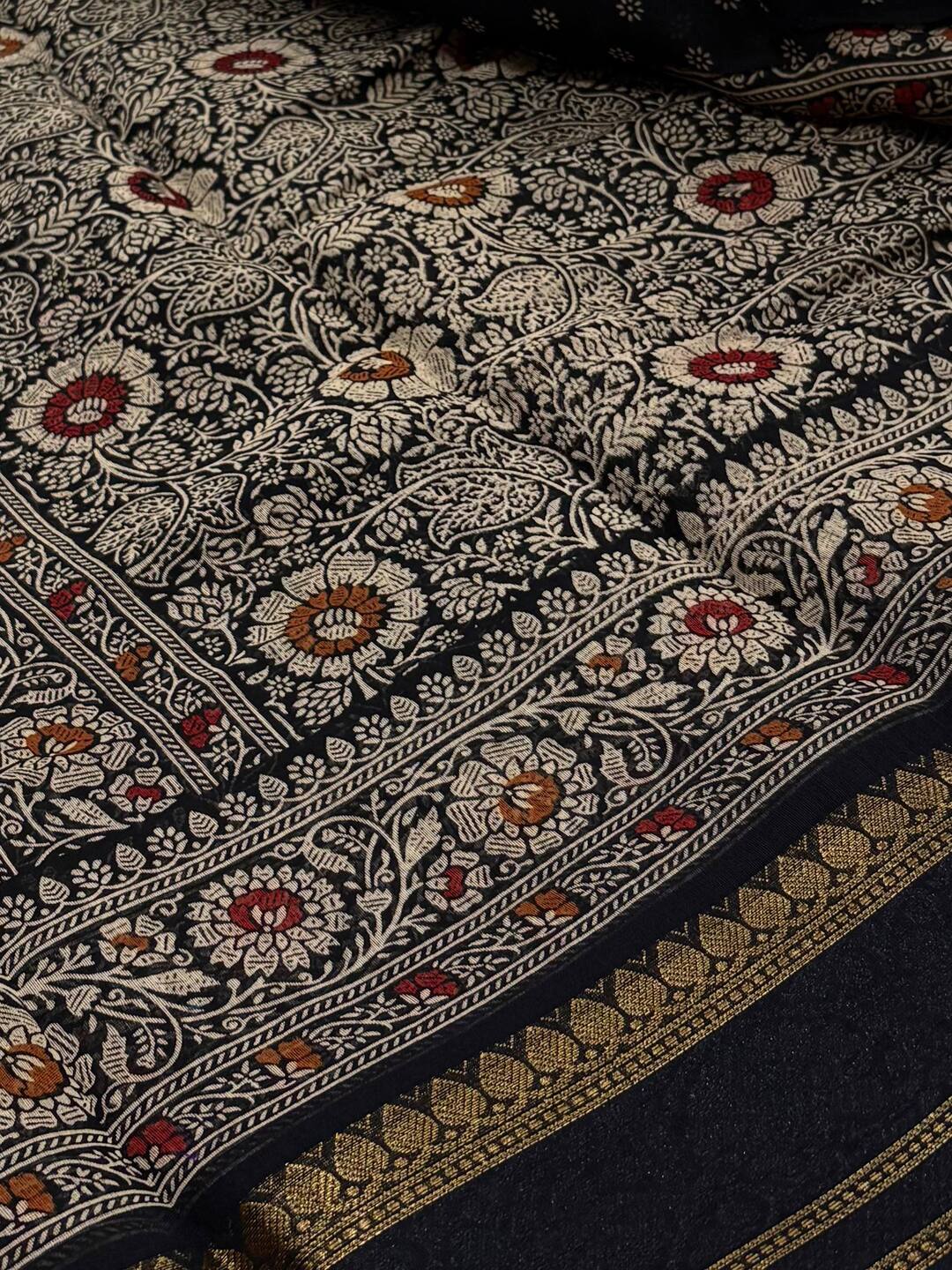 Black Printed Floral Chiffon Saree