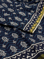 Navy Blue Printed Cotton Saree ( No Blouse)