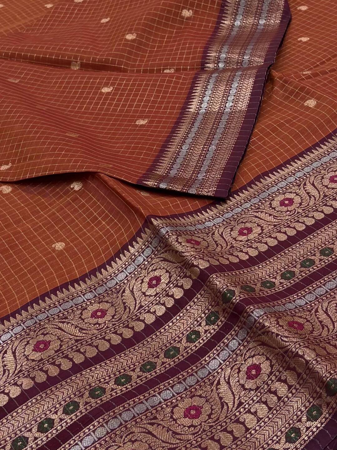 Rose Gold Checked Banaras Cotton Silk Saree