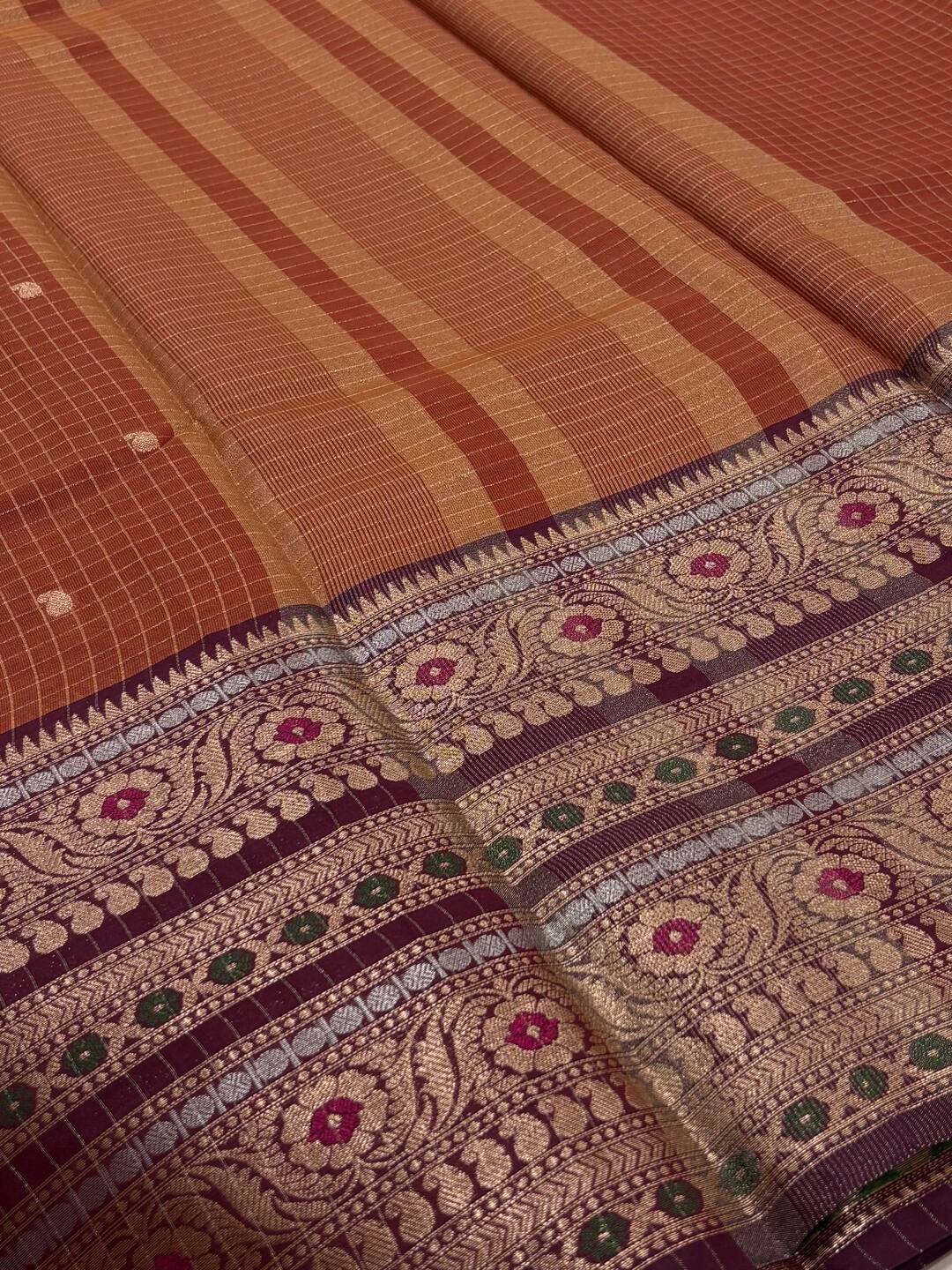 Rose Gold Checked Banaras Cotton Silk Saree