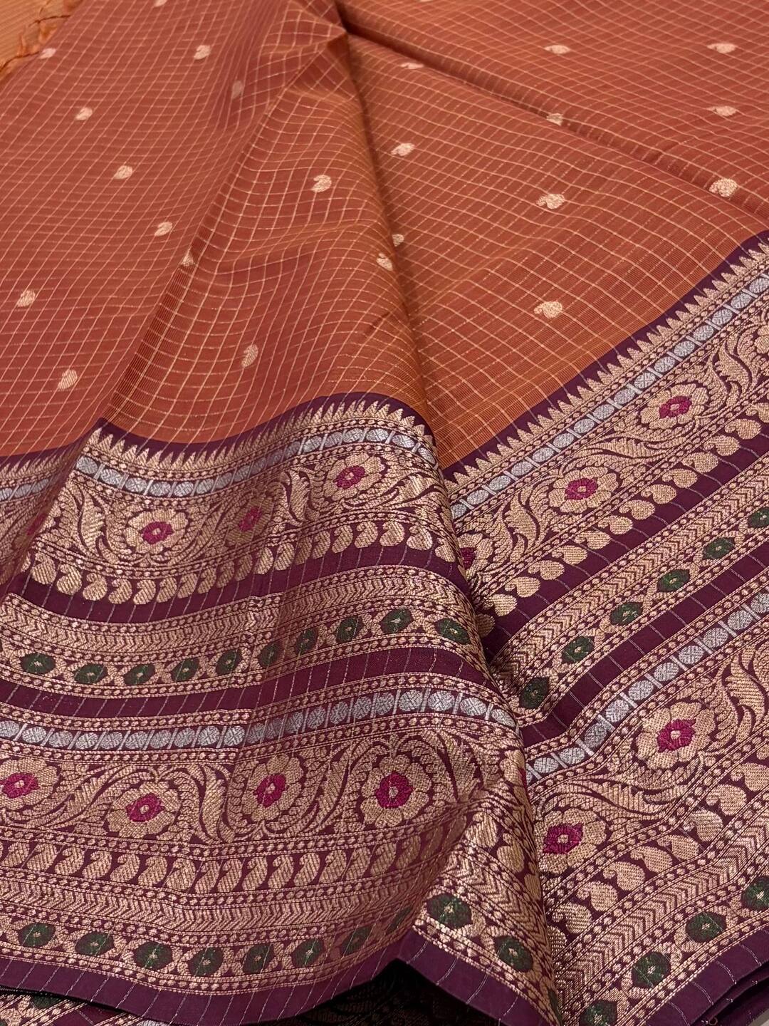 Rose Gold Checked Banaras Cotton Silk Saree