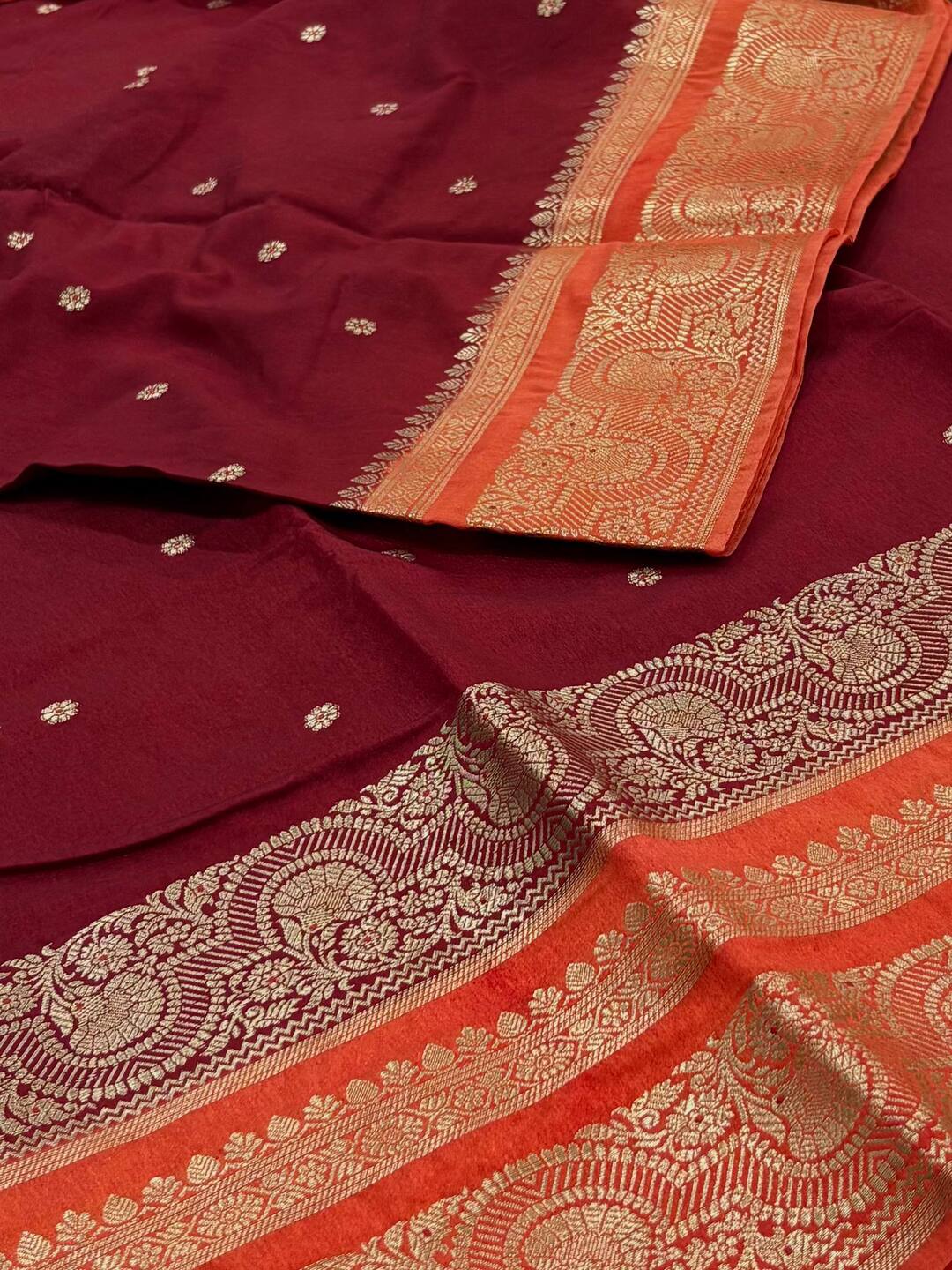 Cherry Red With Orange Banaras Cotton Saree