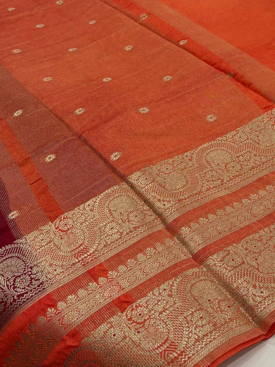 Cherry Red With Orange Banaras Cotton Saree