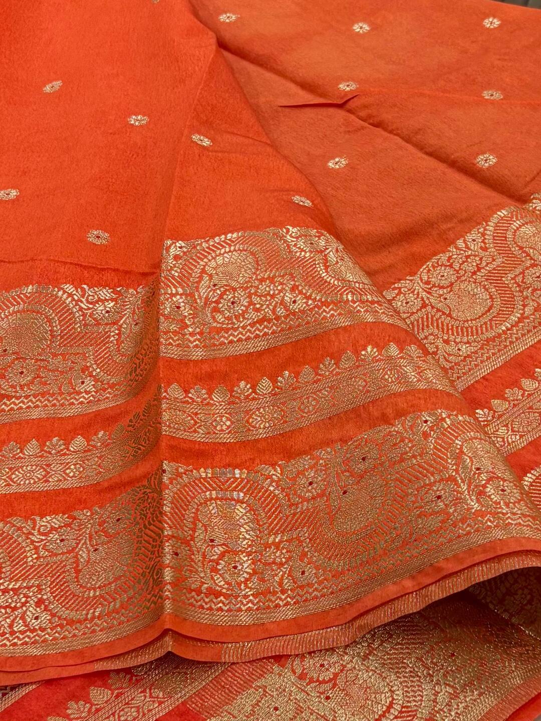 Cherry Red With Orange Banaras Cotton Saree