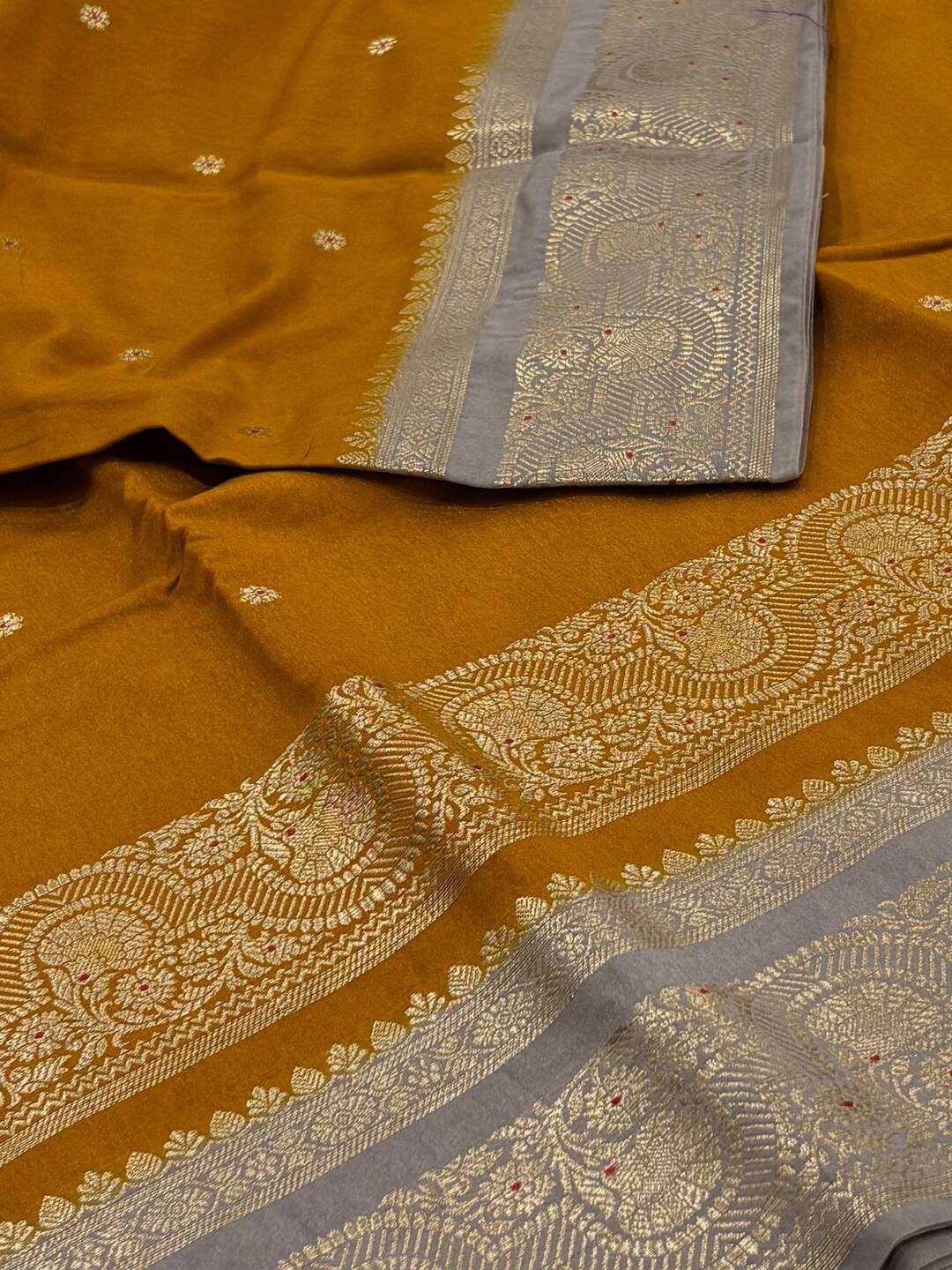 Mustard Yellow With Grey Banaras Cotton Saree