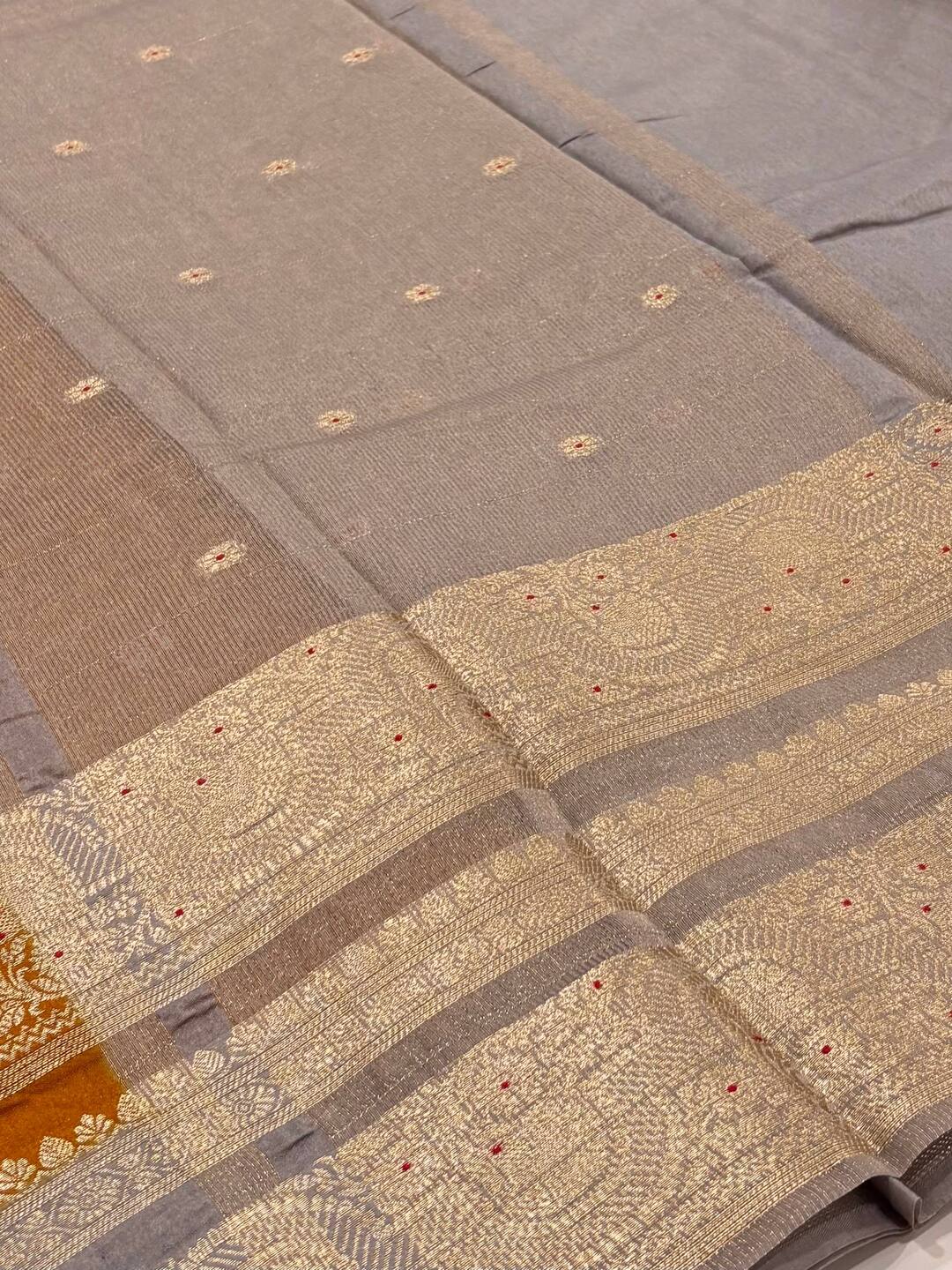 Mustard Yellow With Grey Banaras Cotton Saree