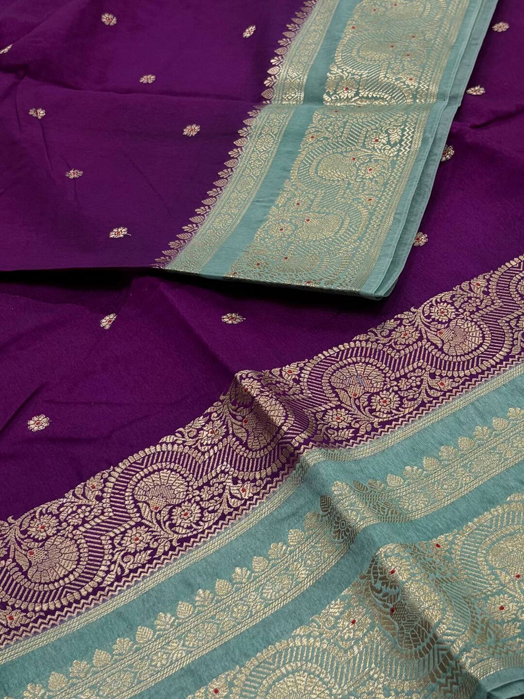 Violet Purple With Sky Blue Banaras Cotton Saree