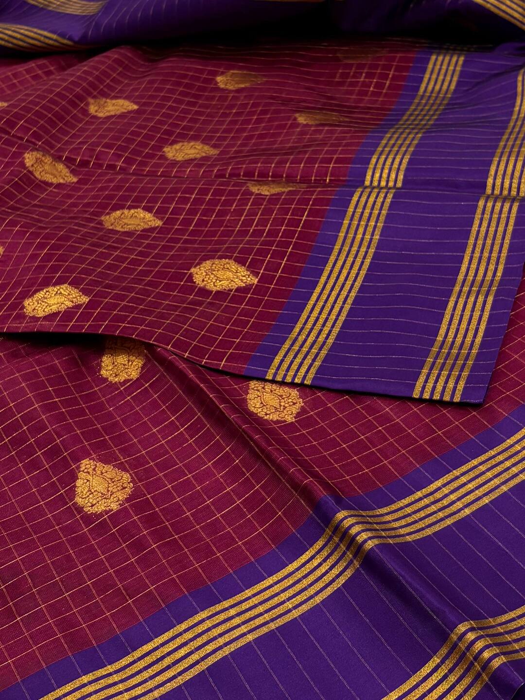 Magenta Purple Checked Cotton Silk Saree