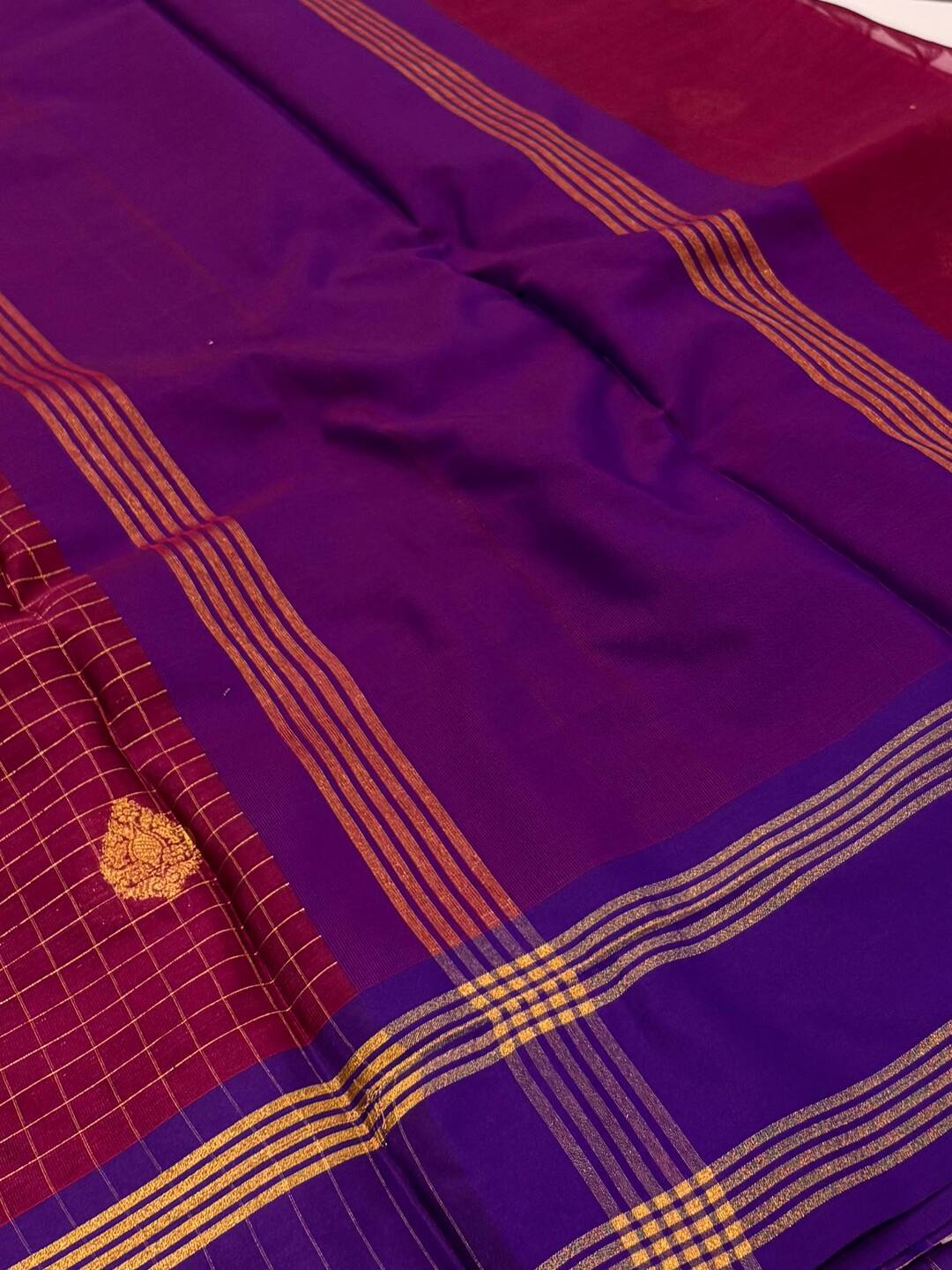Magenta Purple Checked Cotton Silk Saree
