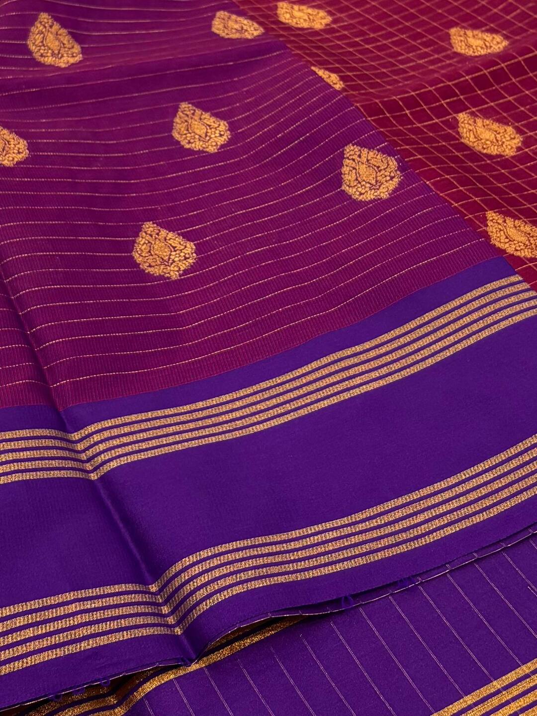 Magenta Purple Checked Cotton Silk Saree