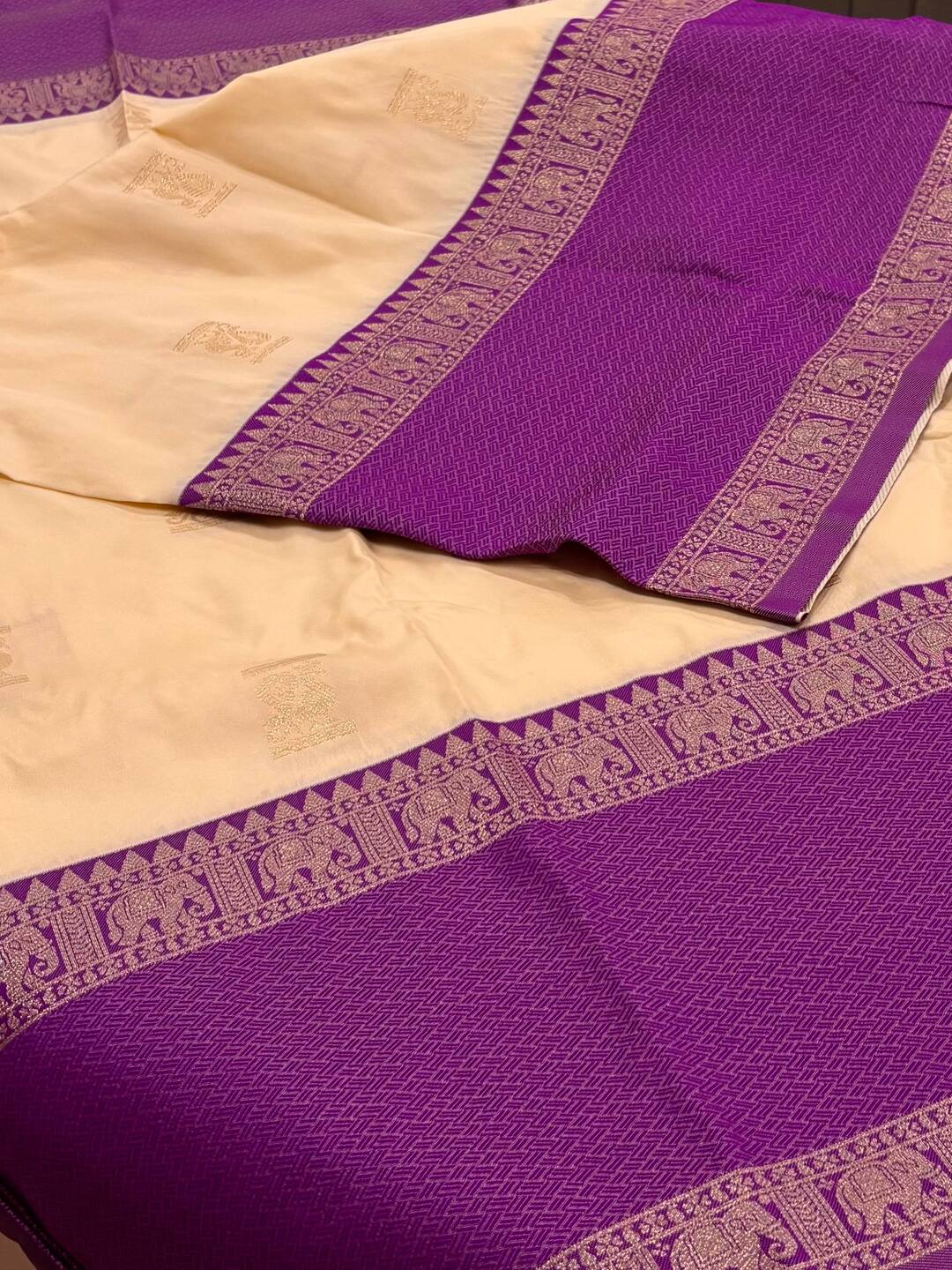 Off White With Violet Purple Cotton Silk Saree
