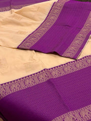 Off White With Violet Purple Cotton Silk Saree