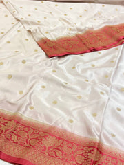 White Banaras Satin Silk Saree