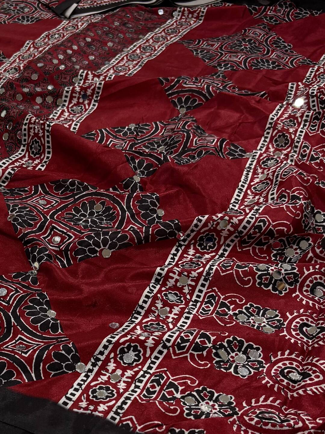 Black Ajrakh Mirror Printed  Satin Saree