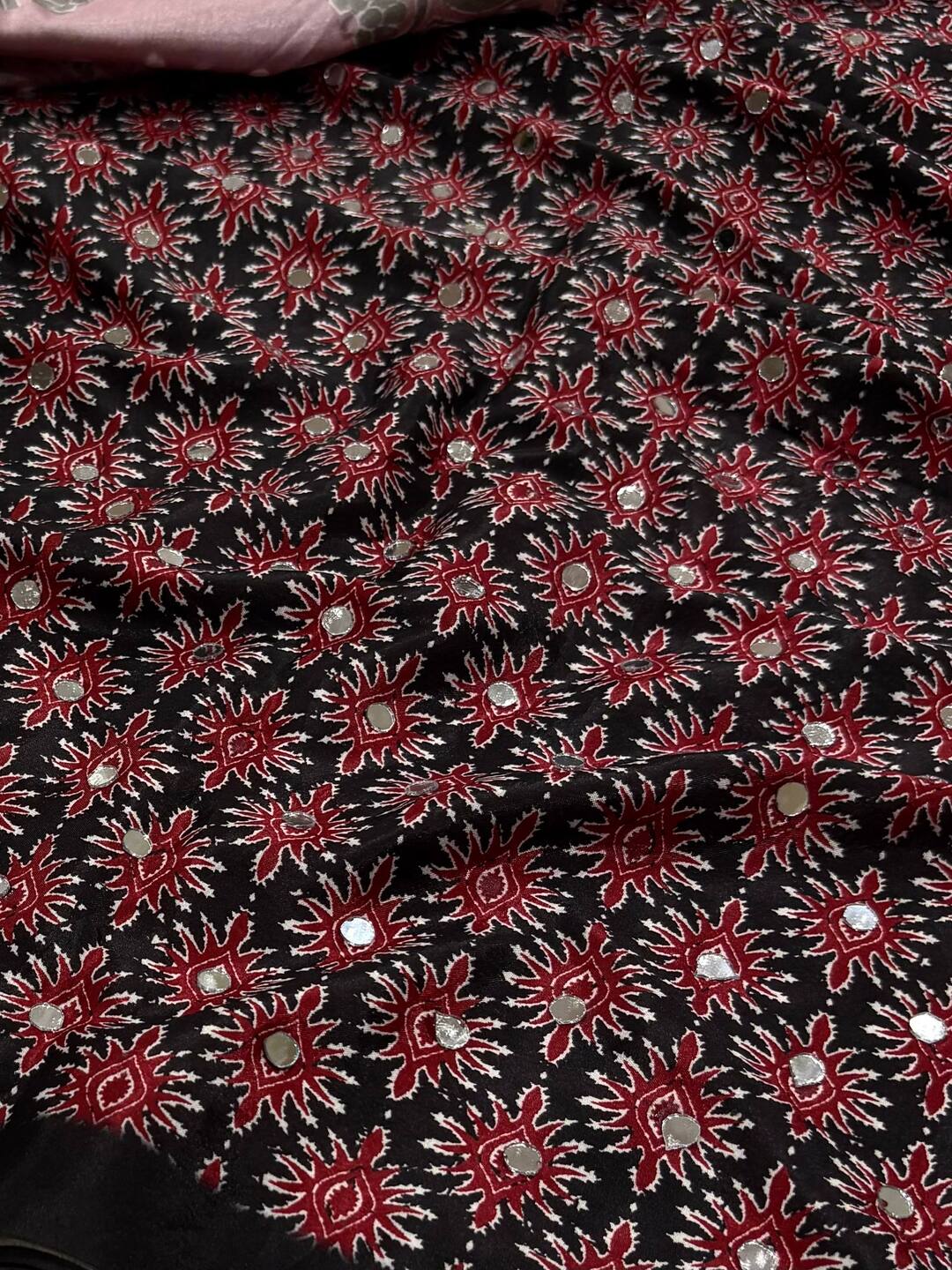 Black Ajrakh Mirror Printed  Satin Saree
