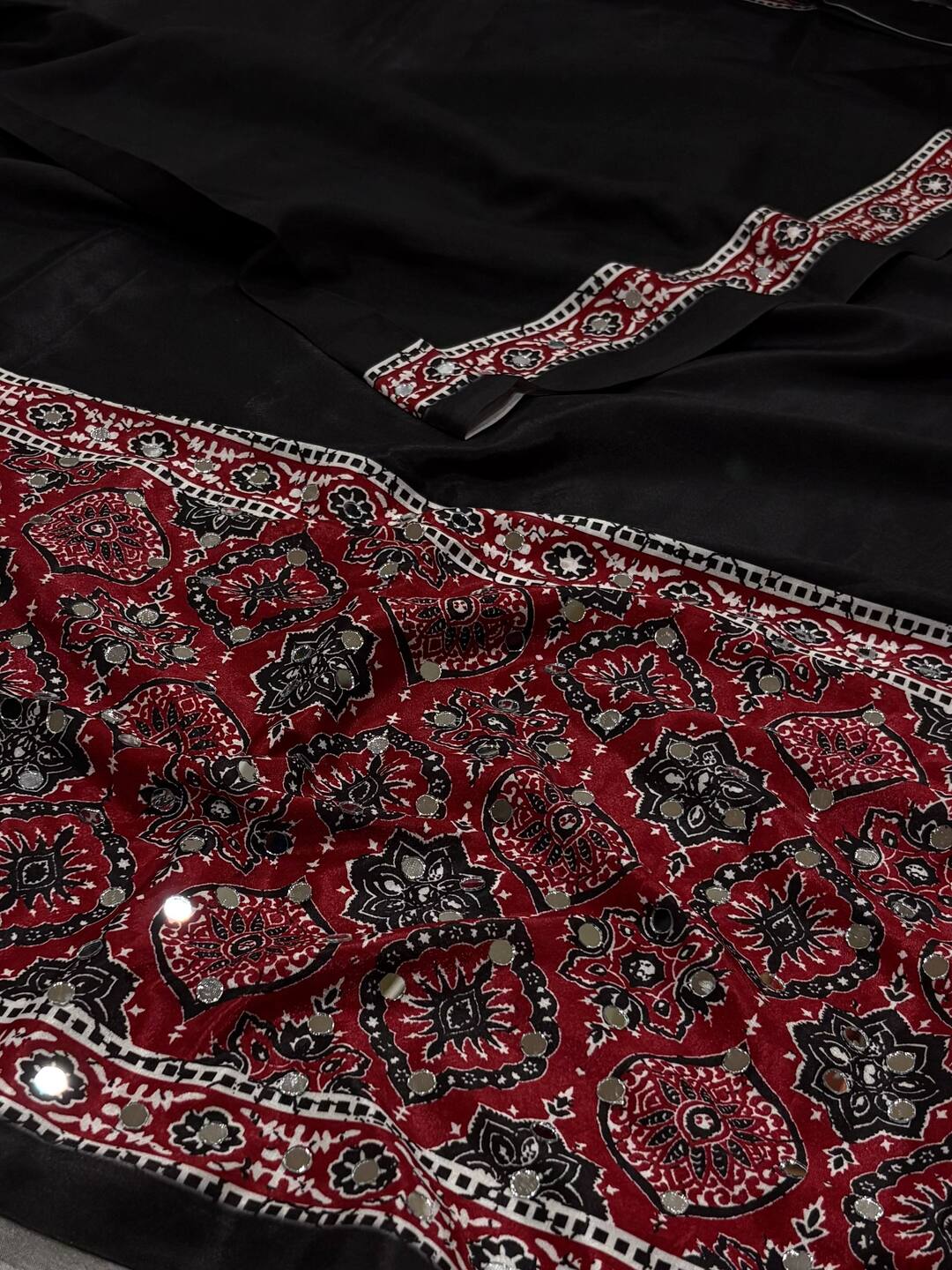 Black Ajrakh Mirror Printed  Satin Saree