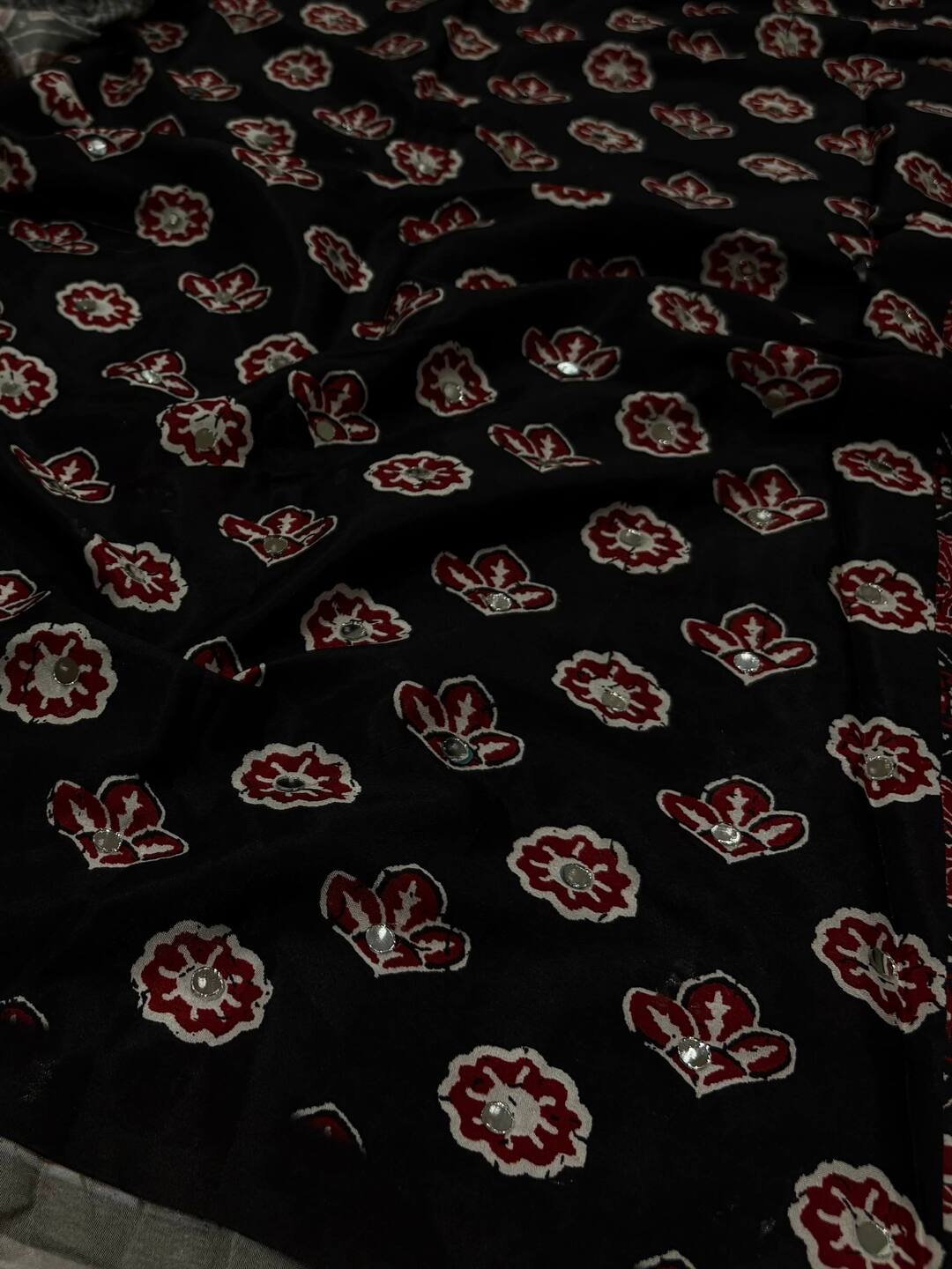 Black Ajrakh Mirror Printed  Satin Saree