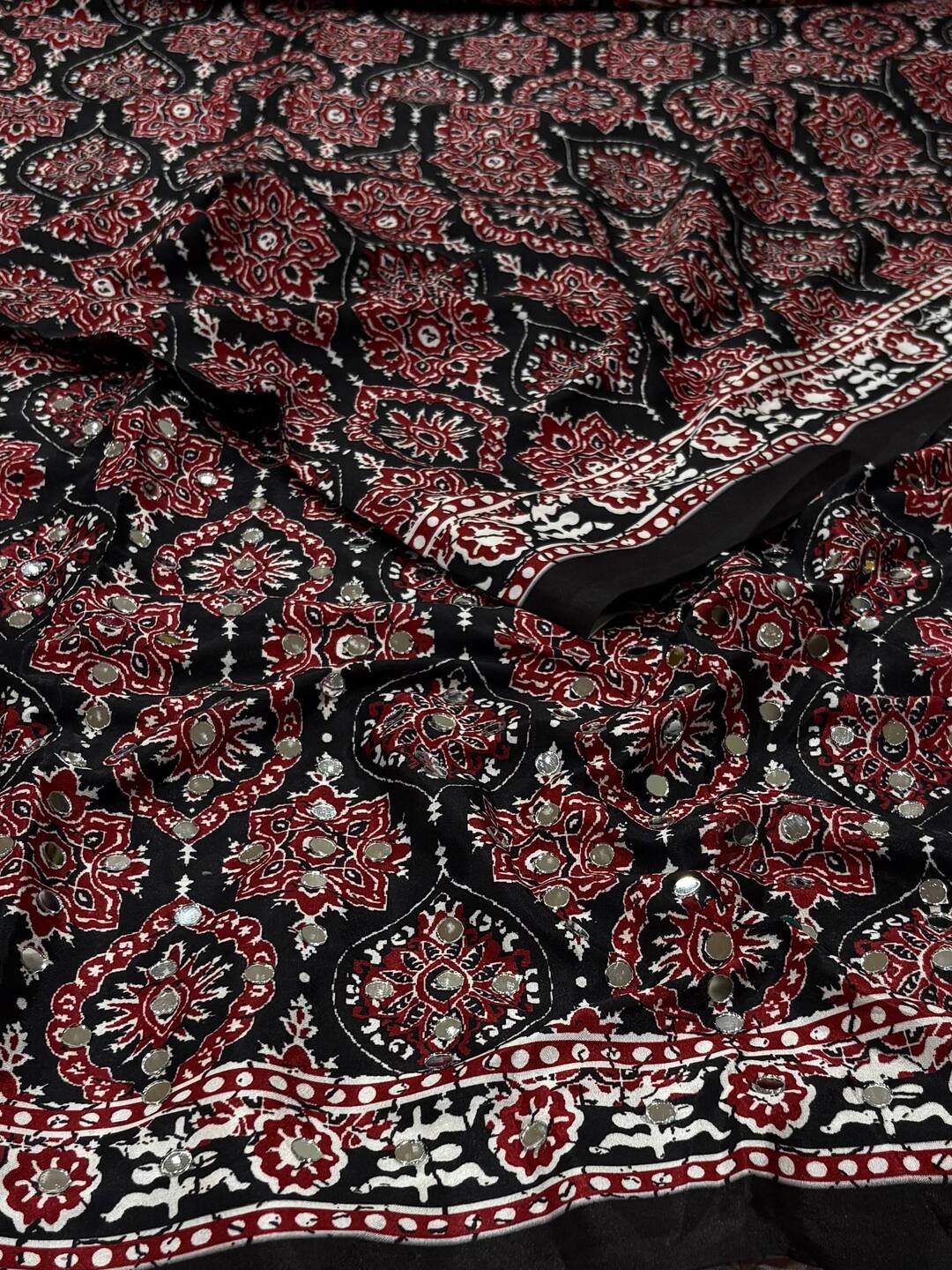 Black Ajrakh Mirror Printed  Satin Saree
