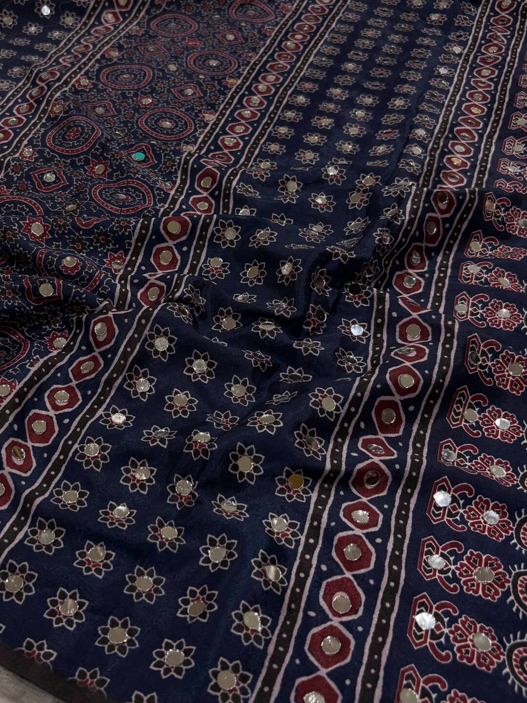 Midnight Blue Ajrakh Mirror Printed  Satin Saree