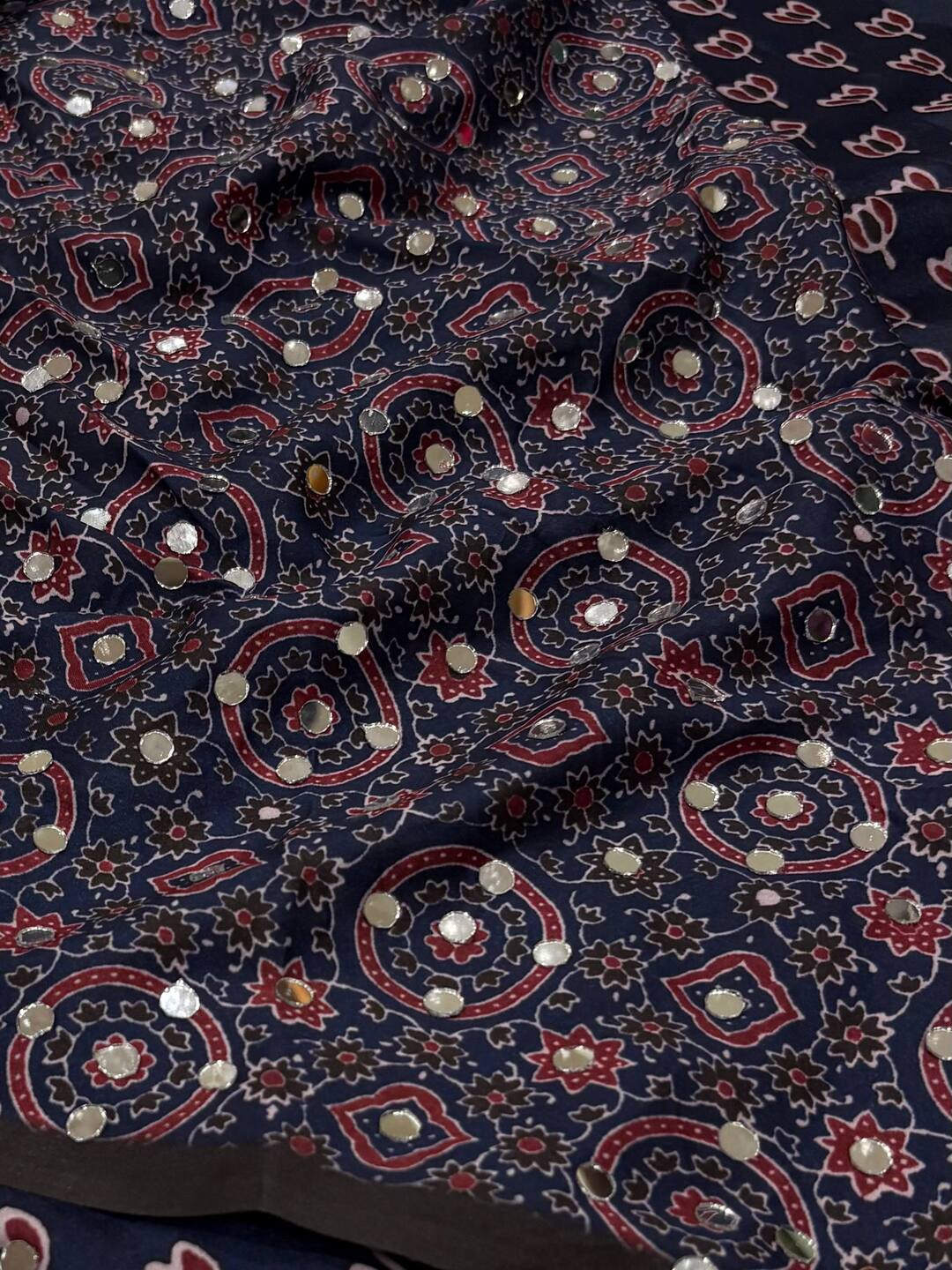 Midnight Blue Ajrakh Mirror Printed  Satin Saree
