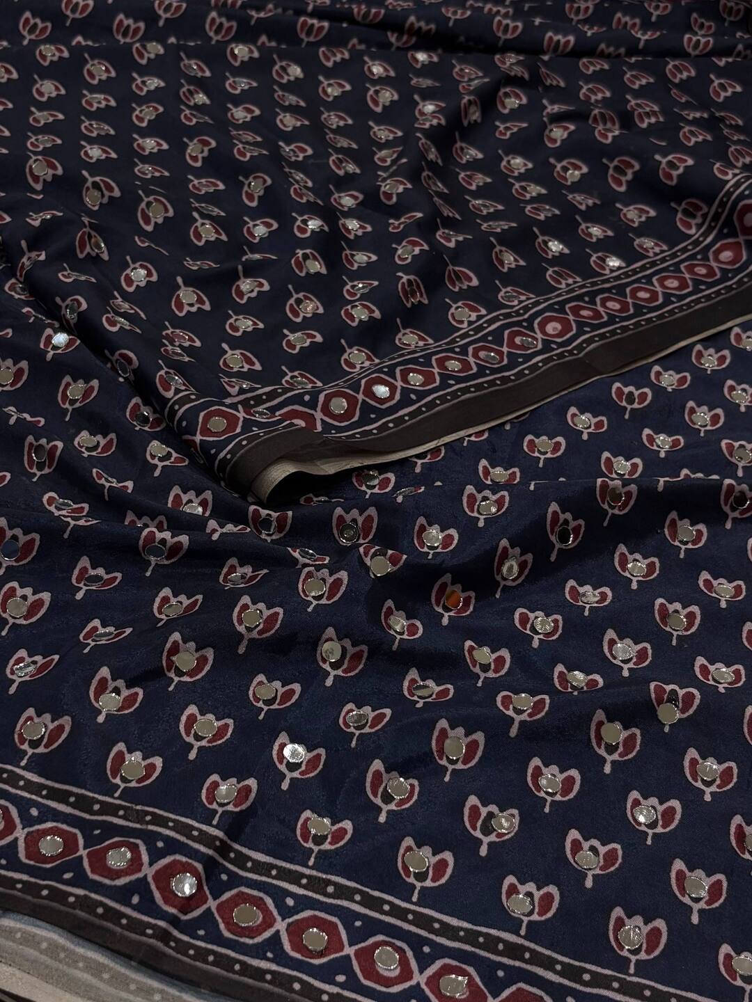 Midnight Blue Ajrakh Mirror Printed  Satin Saree